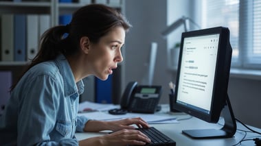 A woman in an office reacts to a suspicious email on her laptop screen.