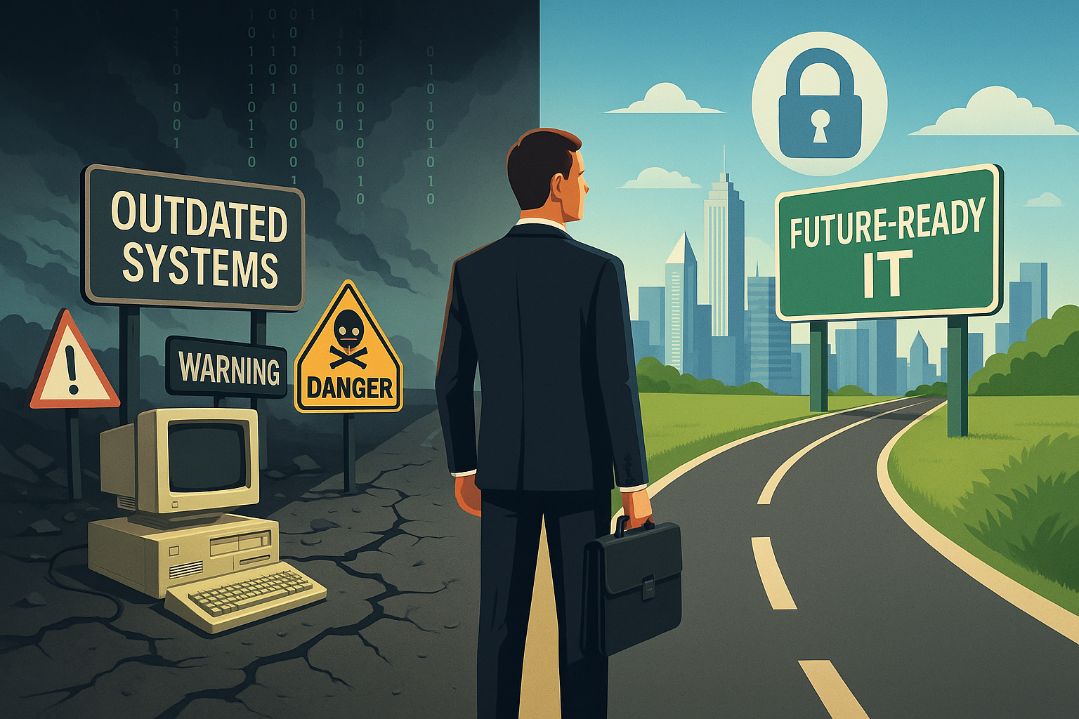 Businessman faces a choice between legacy IT systems and secure, future-ready infrastructure—highlighting the risks of Windows 10 end of life and cyber threats.